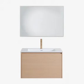 Jacob Zwevend Houten Badkamermeubelset Met Geïntegreerde Wastafel Natuurlijk Hout & Rechthoekige Led En Anticondens 100x70 Cm Riben & Goud - Sklum