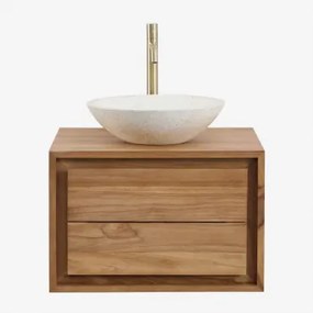 Jabari Zwevend Badkamermeubelset Van Teakhout Teakhout & Rond Cement Wit Ø40 Cm Zavion & Spiegelloze & Goud ↑30 Cm Met - Sklum