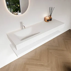 Zaro Alan badmeubel 140cm met planchet talc en vrijhangende wastafel cloud links 1 kraangat talc