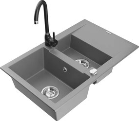 Mexen Gaspar granieten gootsteen 1,5-kamer met afdruiprek en keukenkraan Telma, grijs - 6507-71-670200-70