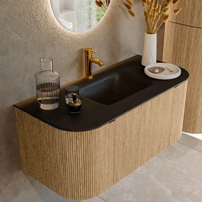 Mondiaz Kurve 100cm badmeubel ronding links/rechts oak met 1 lade en 2 deuren en wastafel grunne midden 1 kraangat urban