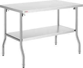 VEVOR Commerciële Werktafel, 1220 x 762 mm, Opvouwbare Commerciële Voorbereidingstafel, Opvouwbare Tafel met Twee Planken van Roestvrij Staal, Keukenwerktafel met Draagvermogen van 350 kg, Zilverkleurig Keukeneiland