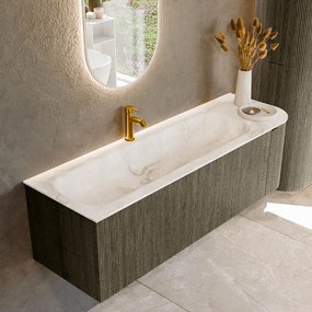 Mondiaz Kurve-dlux 145cm badmeubel ronding rechts shadow met 1 lade en deur en wastafel big large kraangat links frappe
