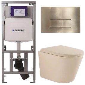 QeramiQ Dely Toiletset - 36.3x51.7cm - diepspoel - rimless - Geberit UP320 inbouwreservoir - softclose toilet zitting 35 mm - geborsteld messing bedieningsplaat - rechthoekige knoppen - mat beige SW1000764/SW1000771/0701131/SW706201