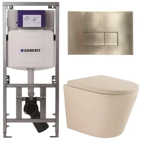 QeramiQ Dely Toiletset - 36.3x51.7cm - diepspoel - rimless - Geberit UP320 inbouwreservoir - softclose toilet zitting 35 mm - geborsteld messing bedieningsplaat - rechthoekige knoppen - mat beige SW1000764/SW1000771/0701131/SW706201