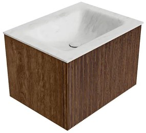 Mondiaz Kurve-dlux 60cm badmeubel walnut met 1 lade en wastafel cloud midden 1 kraangat opalo