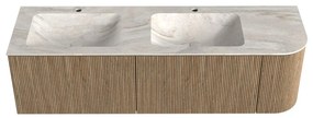 Mondiaz Kurve-dlux 155cm badmeubel ronding rechts dusk met 2 lades en 1 deur en wastafel leaf dubbel/links 2 kraangaten ostra