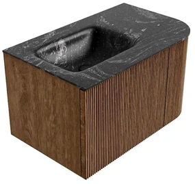 Mondiaz Kurve-dlux 75cm badmeubel ronding rechts walnut met 1 lade en deur en wastafel grunne links zonder kraangat lava