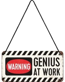 Metalen wandbord Warning! Genius at Work, (20 x 10 cm)