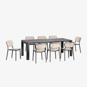 Arnadine Rechthoekige Tafelset (220x100 Cm) En 8 Omara Stapelbare Eetkamerstoelen Grijs – Grafiet - Sklum