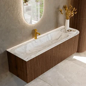 Mondiaz Kurve-dlux 145cm badmeubel ronding rechts walnut met 1 lade en deur en wastafel big large kraangat links glace