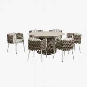 Ronde Tafelset Ø140 Cm In Keramiek En 6 Tuinstoelen Met Armleuningen Van Aluminium En Gevlochten Touw Tevary Gardenia Wit & Stoff Mokka Bruin - Wit Ga