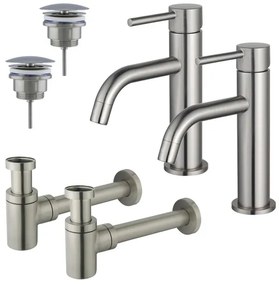 Fortifura Calvi Slim Wastafelkraanset - voor dubbele wastafel - lage wastafelkraan - always open plug - verlaagde design sifon - Geborsteld RVS PVD (RVS) 2x SW377858/2x SW696207/2x SW696217