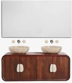 Dubbel Zwevend Badkamermeubelset 130x45 Cm Van Mangohout En Natuurlijke Kivalina-steen Rectangular Led And Antifog 140x75 Cm Riben & Travertijn - Donk