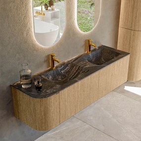 Mondiaz Kurve-dlux 155cm badmeubel ronding links oak met 2 lades en 1 deur en wastafel leaf dubbel/rechts 2 kraangaten lava