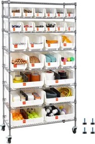 VEVOR vrijstaande opbergkast, opbergrek met 8 planken en 26 stapelbare dozen, boekenplank, keukenrek op wielen, verrijdbaar opbergrek voor garage, magazijn, kantoor, restaurant, klaslokaal, keuken, 355x900x1690 mm