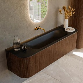 Mondiaz Kurve 160cm badmeubel ronding links/rechts walnut met 1 lade en 2 deuren en wastafel big medium midden zonder kraangat urban