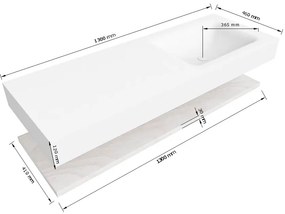 Zaro Alan badmeubel 130cm met planchet washed oak en vrijhangende wastafel cloud rechts 1 kraangat urban