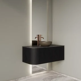 Gliss Design Alluro badmeubel ribbelfront met ronding links 100cm black en zwart leisteen toppaneel