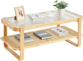 VEVOR Rotan Salontafel Rechthoekige Geweven Rotan Salontafel met Gehard Glazen Blad, 115 cm Moderne Boho Salontafel met Opbergruimte en Natuurlijke Houten Poten, Woonkamer