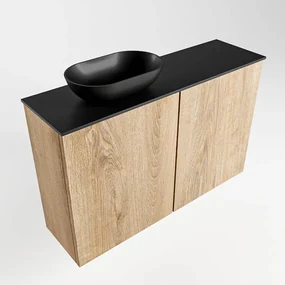 Mondiaz Fowy toiletmeubel 80cm washed oak met zwarte waskom links en kraangat