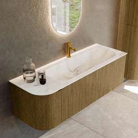 Mondiaz Kurve-dlux 135cm badmeubel ronding links dusk met 1 lade en deur en wastafel big medium kraangat rechts frappe
