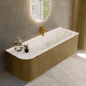 Mondiaz Kurve-dlux 135cm badmeubel ronding links dusk met 1 lade en deur en wastafel big medium kraangat rechts frappe