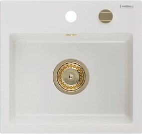 Mexen Milo granieten gootsteen 1-komerig 435 x 410 mm, wit, gouden sifon - 6505441000-20-G
