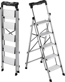 VEVOR 5-treden opvouwbare ladder met antislip treden en comfortabele handgreep, huishoudladder met een draagvermogen van 150 kg, aluminium veiligheidsladder voor keuken, magazijn, huis en kantoor, zilverkleurig