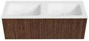 Mondiaz Kurve 120cm badmeubel walnut met 1 lade en wastafel cloud dubbel 2 kraangaten