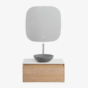 Tedrik Badkamermeubelset In Essenhout Ash Brown & Rond Grijs Cement Ø40 Cm Tarsis & Vierkant Led En Anticondens 75x75 Cm Tobie & - Sklum