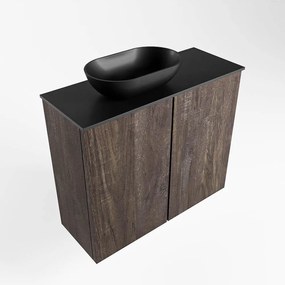 Mondiaz Fowy toiletmeubel 60cm dark brown met zwarte waskom links en kraangat