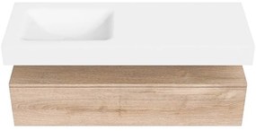 Zaro Alan badmeubel 130cm washed oak 1 lade met vrijhangende wastafel cloud links zonder kraangat talc
