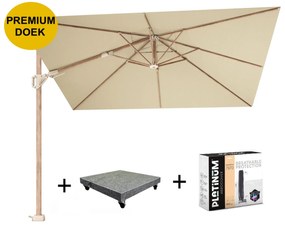 Challenger T2 premium parasol 300x300 cm teak champagne met 90 KG voet en hoes