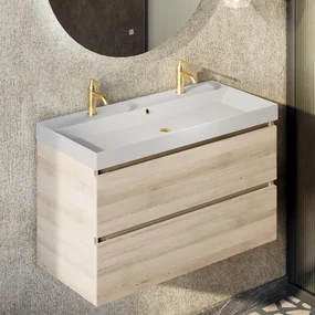 Fontana Kolo wastafelmeubel beach eiken 100cm glans witte wastafel 2 kraangaten