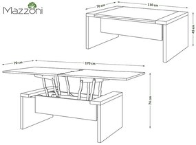 SPACE beton / zwart, opklapbare salontafel, in hoogte verstelbaar