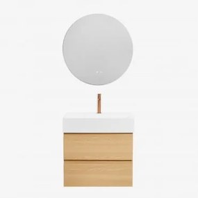 Badkamermeubelset Van Hout En Essenhoutfineer Met Geïntegreerde Wastafel Ona Natuurlijk Hout & Round Led And Antifog Ø70 Cm Solyn - Sklum
