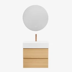 Badkamermeubelset Van Hout En Essenhoutfineer Met Geïntegreerde Wastafel Ona Natuurlijk Hout & Round Led And Antifog Ø70 Cm Solyn - Sklum