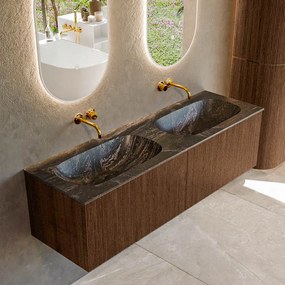 Mondiaz Kurve-dlux 150cm badmeubel walnut met 2 lades en wastafel stor small dubbel zonder kraangat lava