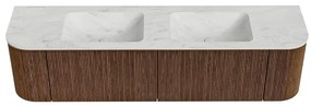 Mondiaz Kurve-dlux 180cm badmeubel ronding links/rechts walnut met 2 lades en deuren en wastafel leaf dubbel 2 kraangaten opalo