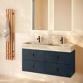 Muebles Murcia badmeubel ribbelfront 120cm marine blauw met White Travertin wastafel met kraangaten