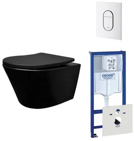 Wiesbaden Vesta toiletset spoelrandloos 52cm mat zwart Grohe inbouwreservoir softclose en quickrelease toiletzitting met bedieningsplaat wit 0729205/0729242/sw228315/