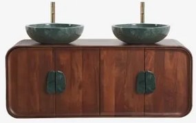Dubbel Zwevend Badkamermeubelset 130x45 Cm Van Mangohout En Natuurlijke Kivalina-steen Groen Marmer Uit Udaipur - Donker Mangohout & 2 X Onde Groene -