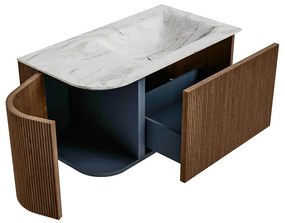 Mondiaz Kurve-dlux 85cm badmeubel ronding links walnut met 1 lade en deur en wastafel cloud kraangat rechts glace