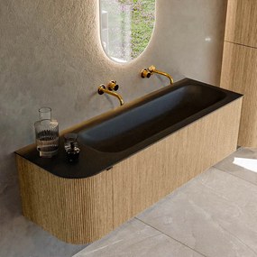 Mondiaz Kurve 145cm badmeubel ronding links oak met 1 lade en deur en wastafel big large rechts zonder kraangat urban