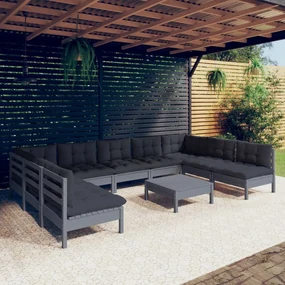 vidaXL 10-delige Loungeset met kussens massief grenenhout grijs