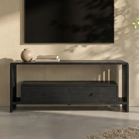 Zwart Tv-meubel Teak Latjes - 110x30x50cm.