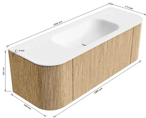 Mondiaz Kurve 130cm badmeubel ronding links/rechts walnut met 1 lade en 2 deuren en wastafel big small midden 1 kraangat urban