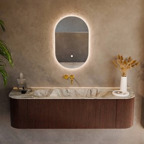 Mondiaz Kurve-dlux 160cm badmeubel ronding links/rechts ruby met 1 lade en 2 deuren en wastafel big medium midden zonder kraangat glace