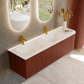 Mondiaz Kurve-dlux 155cm badmeubel ronding rechts ruby met 2 lades en 1 deur en wastafel leaf dubbel/links 2 kraangaten opalo